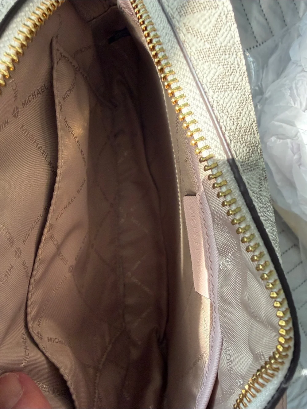 Michael Kors Beige and Pink Logo Crossbody with Gold Chain